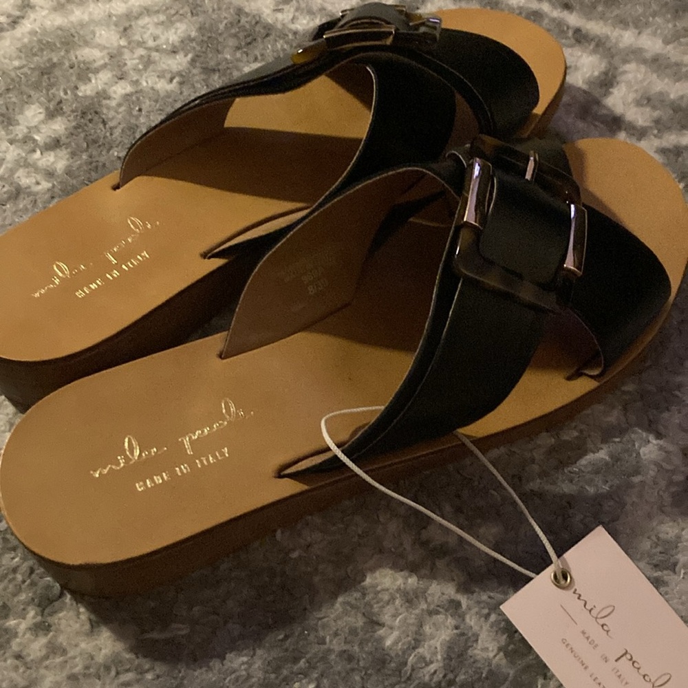 Mia Paoli Slides Leather Crossband Sandals with Buckle Black Size 8